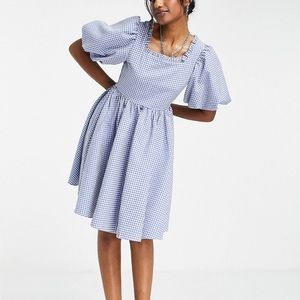 Sister Jane Tie Back Mini Smock Dress in Blue Gingham